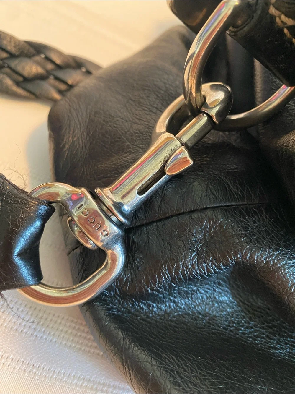 Gucci Large Black Leather shoulder Bag with Braided Strap 189678